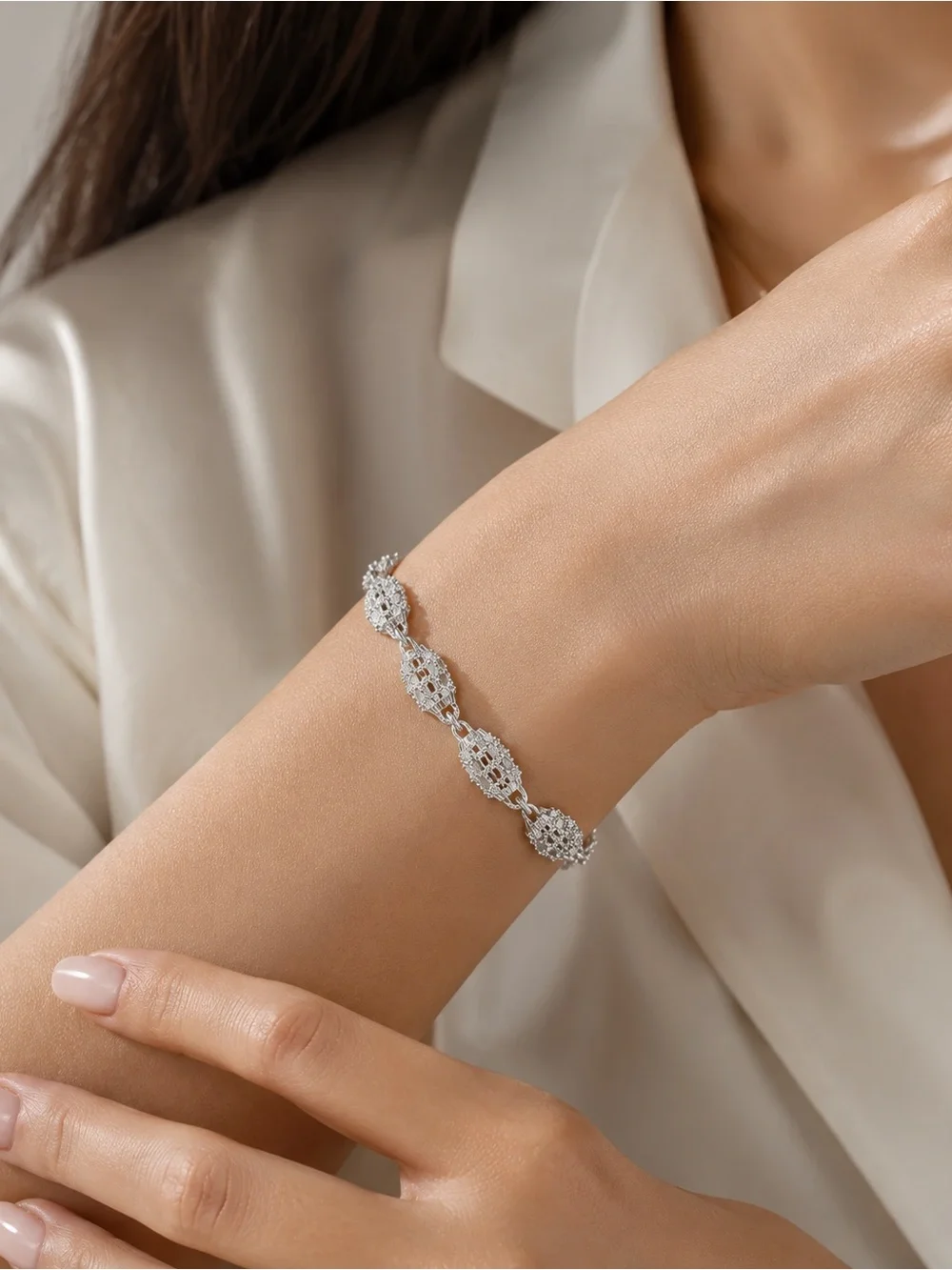 925 Sterling Silver Geometric Link Bracelet Classic Vintage Style Jewelry